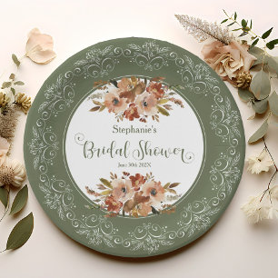 Peach Watercolor Floral Bridal Shower Sage Green  Paper Plate