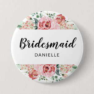 Peach Watercolor Floral Bridesmaid Monogrammed 3 Inch Round Button