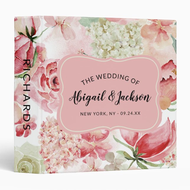 Peach Watercolor Floral Chic Wedding Photo Album Binder (Front/Spine)