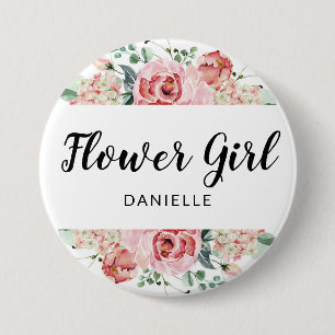 Peach Watercolor Floral Flower Girl Monogrammed 3 Inch Round Button