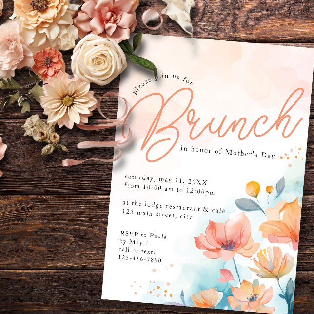Peach Watercolor Floral Modern Mother's Day Brunch Invitation (Creator Uploaded)
