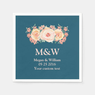 Peach Watercolor Floral Navy Blue Wedding Napkin