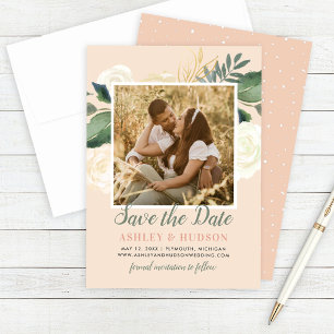 Peach Watercolor Floral Photo Wedding Save The Date
