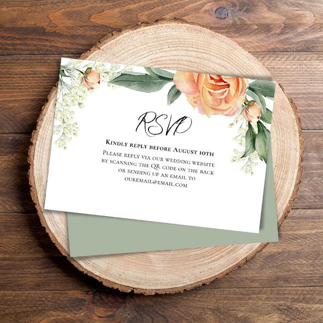 Peach Watercolor Floral QR Code RSVP Card (Wedding RSVP reply card with elegant watercolor peach floral. )