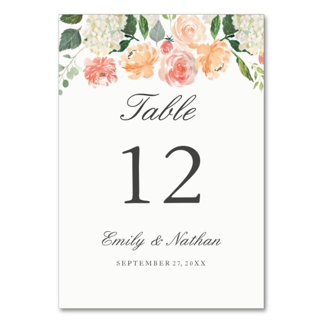 Peach Watercolor Floral Tableau Numéro Cartes (Par défaut)