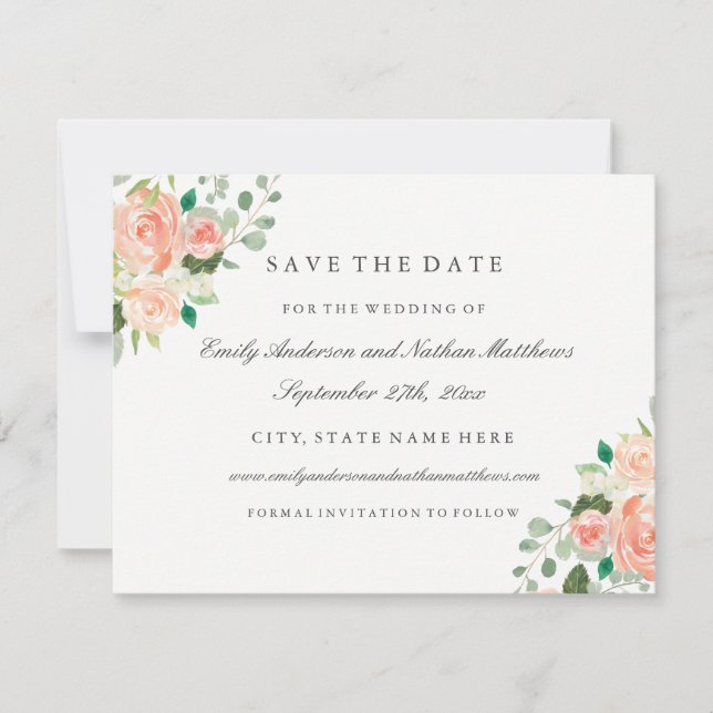 Peach Watercolor Floral Wedding Save The Date (Front)
