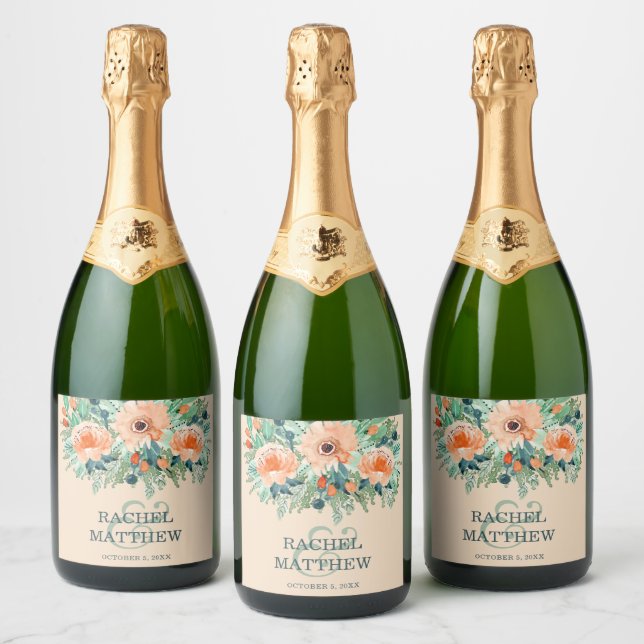 Peach Watercolor Floral Wedding Sparkling Wine Label (Bottles)