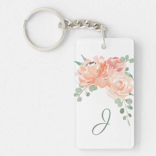 Peach Watercolor Floral with Your Monogram Keychain (Front)