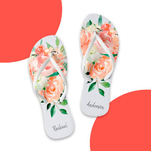Peach Watercolor Floral with Your Name Flip Flops