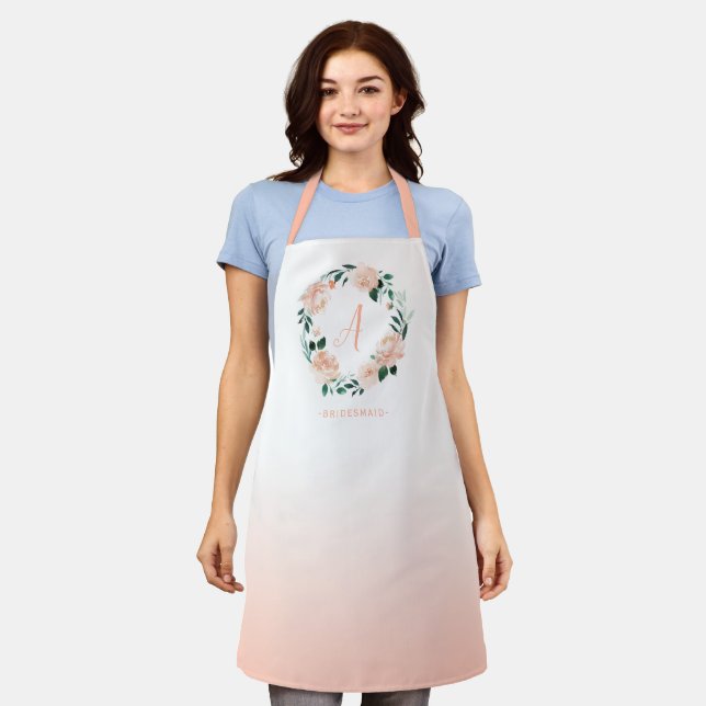 Peach watercolor floral wreath custom monogram apron (Worn)