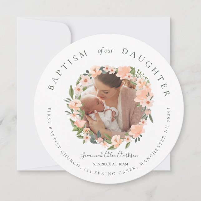 Peach Watercolor Floral Wreath Photo Baby Baptism Announcement (Front)