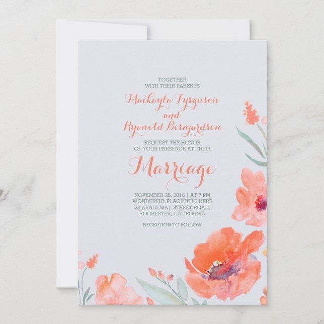 Peach Watercolor Florals Summer Wedding Invites (Front)