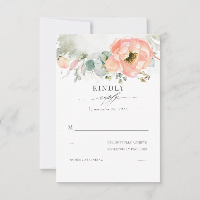 Peach Watercolor Flower Elegant Boho Wedding RSVP Card (Front)