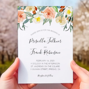 Peach Watercolor Flowers All In One Wedding Invitation