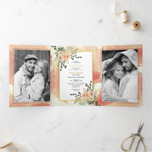 Peach watercolor flowers and leaves floral wedding Tri-Fold invitation