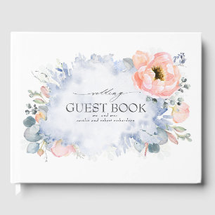 Peach Watercolor Flowers Dusty Blue Wedding Guest Book