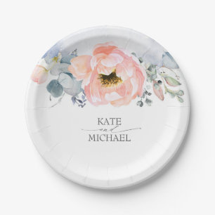 Peach Watercolor Flowers Dusty Blue Wedding Paper Plate