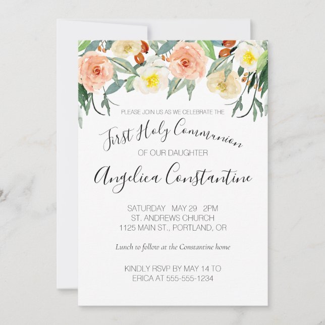 Peach Watercolor Flowers First Holy Communion Invitation (Front)