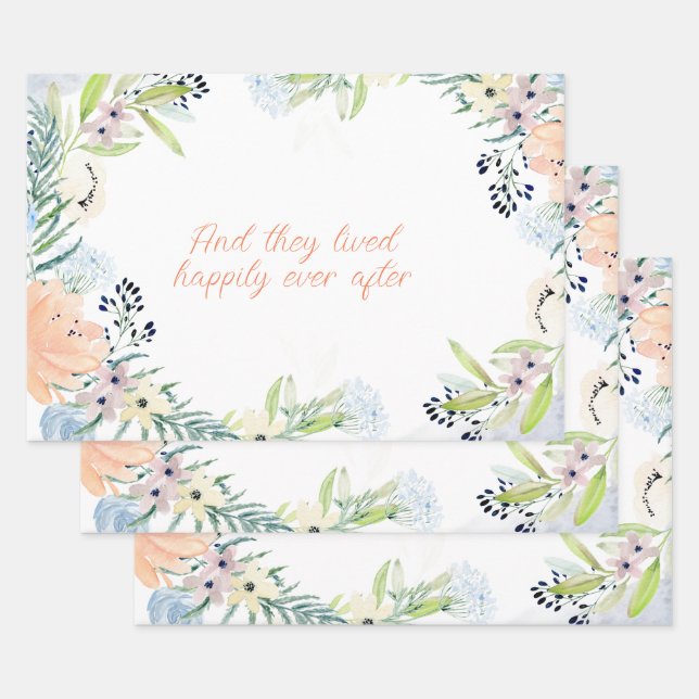 Peach Watercolor Flowers Frame Personalized  Wrapping Paper Sheet (Set)
