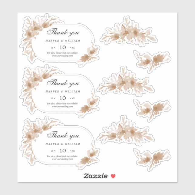 Peach watercolor flowers thank you wedding sticker (Sheet)