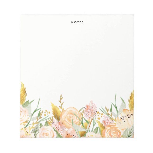 Peach Watercolor Flowers with Gold Foil Foliage Notepad (Front)