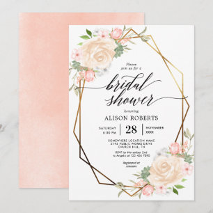 Peach watercolor geometric frame bridal shower invitation