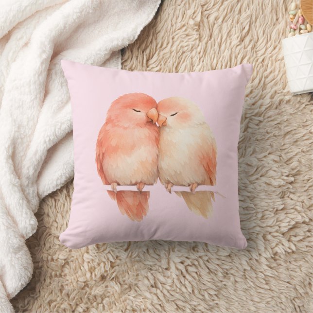  Peach Watercolor Love Birds Throw Pillow (Blanket)