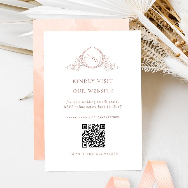 Peach Watercolor Monogram QR Code/RSVP Online Enclosure Card (Creator Uploaded)