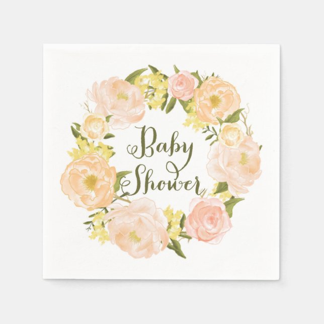 Peach Watercolor Peonies Wreath Baby Shower Napkin (Front)