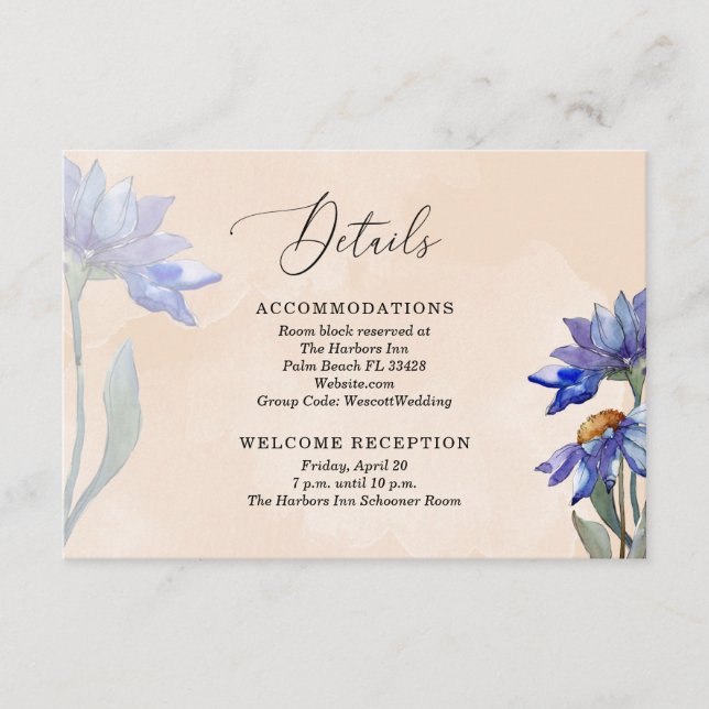 Peach Watercolor & Purple Daisies Wedding Details Enclosure Card (Front)