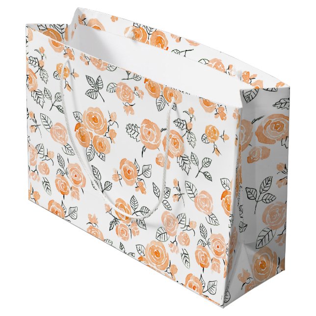 Peach watercolor roses pattern large gift bag (Back Angled)