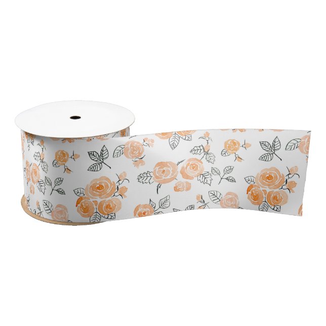 Peach watercolor roses pattern satin ribbon (Spool)