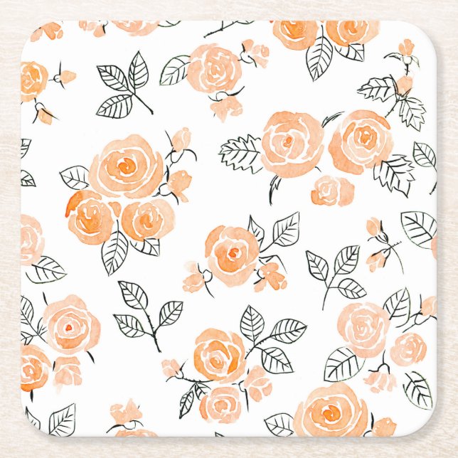 Peach watercolor roses pattern square paper coaster (Front)