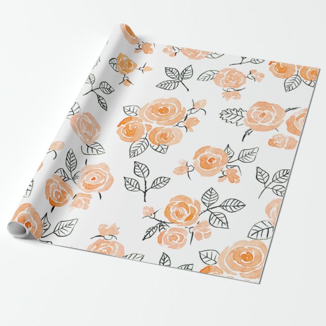 Peach watercolor roses pattern wrapping paper (Unrolled)
