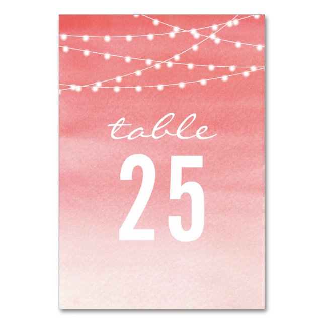 Peach Watercolor String Lights Table Number Card (Back)