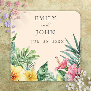 Peach Watercolor Tropical Flowers Wedding Favour Square Sticker