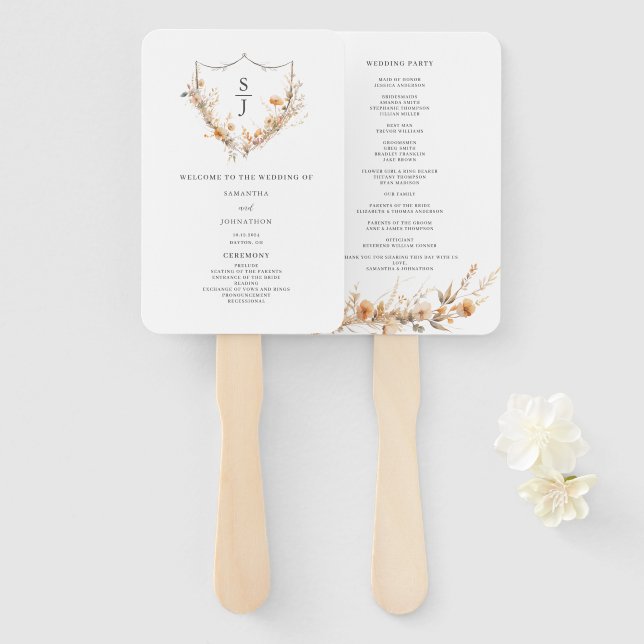 Peach Watercolor Wildflower Wedding Program  Hand Fan (Front and Back)