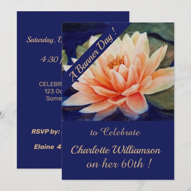 Peach Waterlily Watercolor Floral Birthday Invitation (Front/Back)