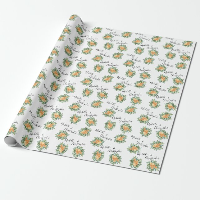 Peach Wedding Classic Floral Roses Wrapping Paper (Unrolled)