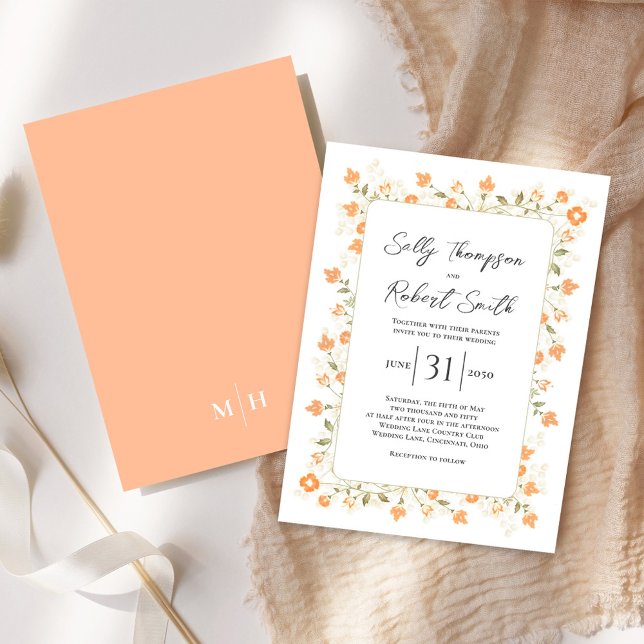 Peach Wedding Elegant Calligraphy Script Floral Invitation (Elegant peach floral wedding invitation with a monogram on the backside. )