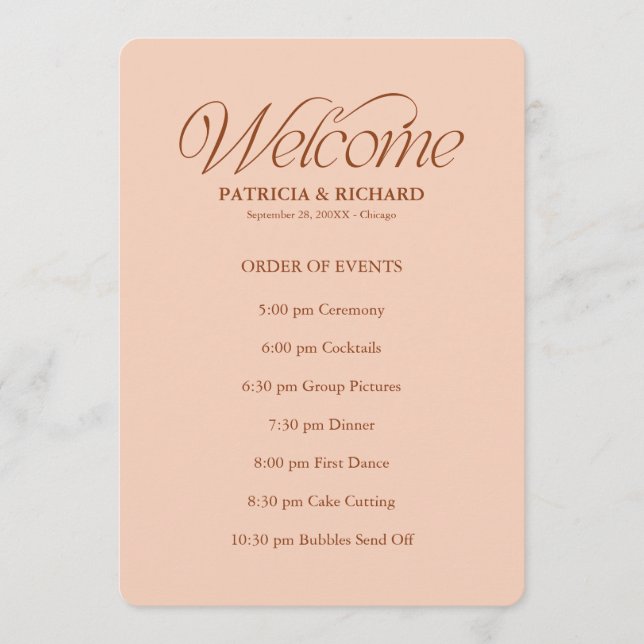Peach Wedding Order of Events Timeline Schedule Program (Front)