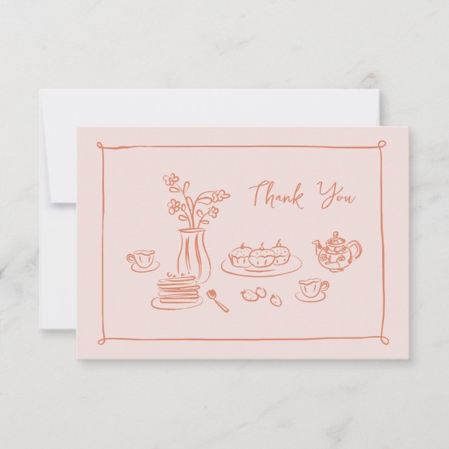 Peach Whimsical Doodle Hand-Drawn Bridal Shower Thank You Card (Front)