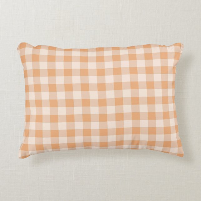 Peach White Chequered Gingham Pattern Accent Pillow (Front)