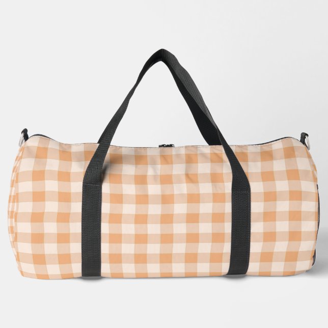 Peach White Chequered Gingham Pattern Duffle Bag (Front)