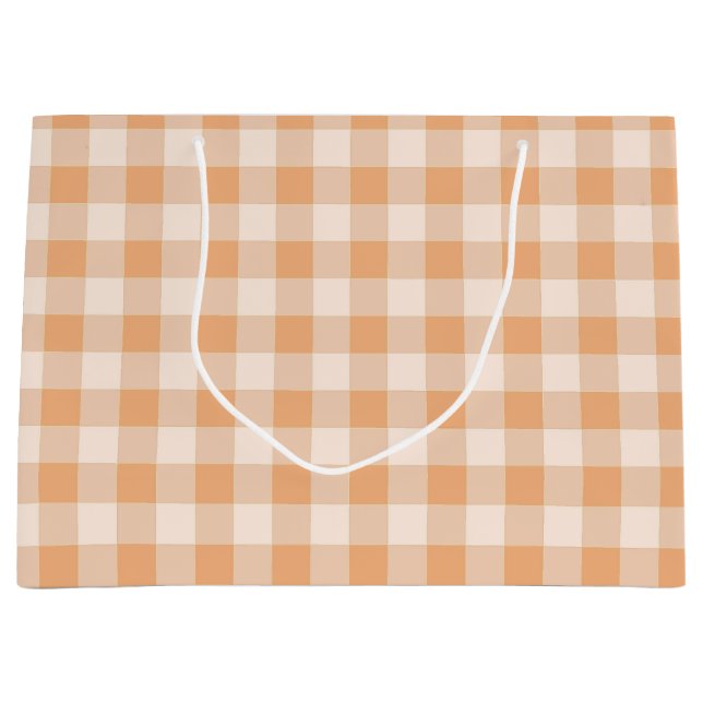 Peach White Chequered Gingham Pattern Large Gift Bag (Front)