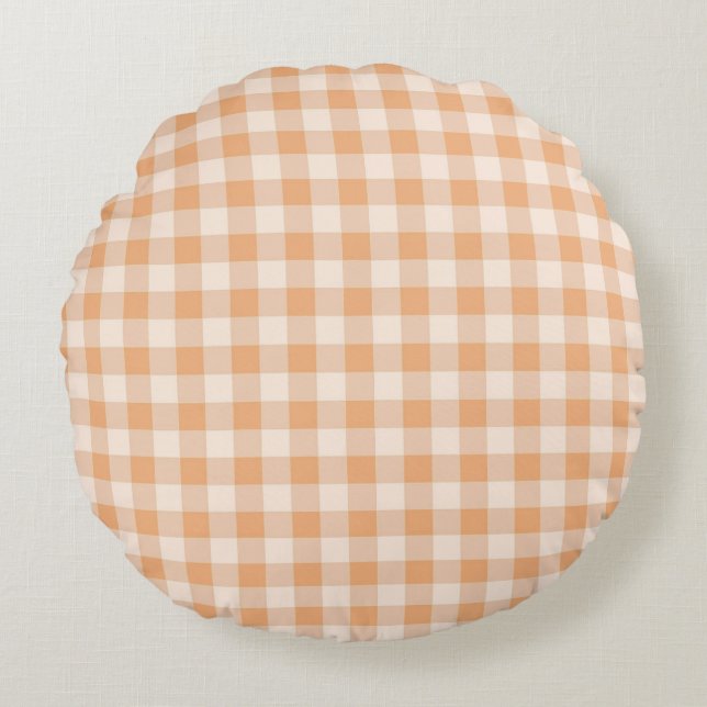 Peach White Chequered Gingham Pattern Round Pillow (Front)