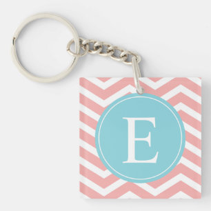 Peach White Chevron Blue Monogram Keychain