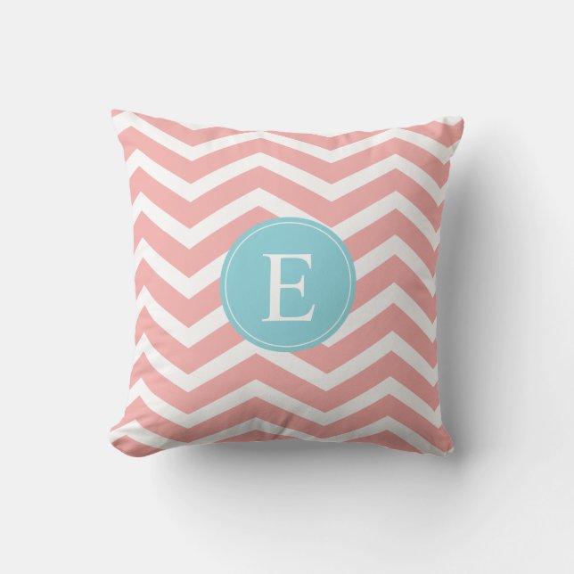 Peach White Chevron Blue Monogram Throw Pillow (Front)