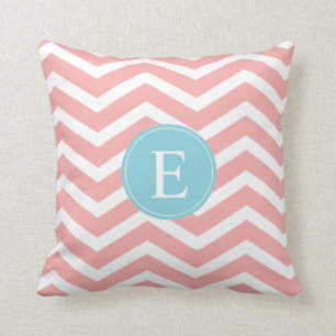 Peach White Chevron Blue Monogram Throw Pillow