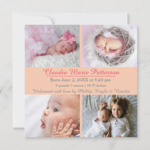Peach/White Dots 4 Photos - Birth Announcement